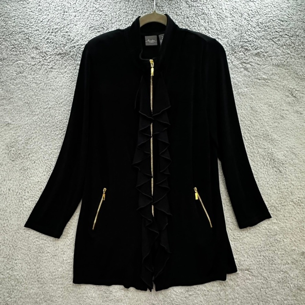 Travelers by Chicos Size 2 Large Black Ruffle Zip Front Jacket Gold Hardware EUC